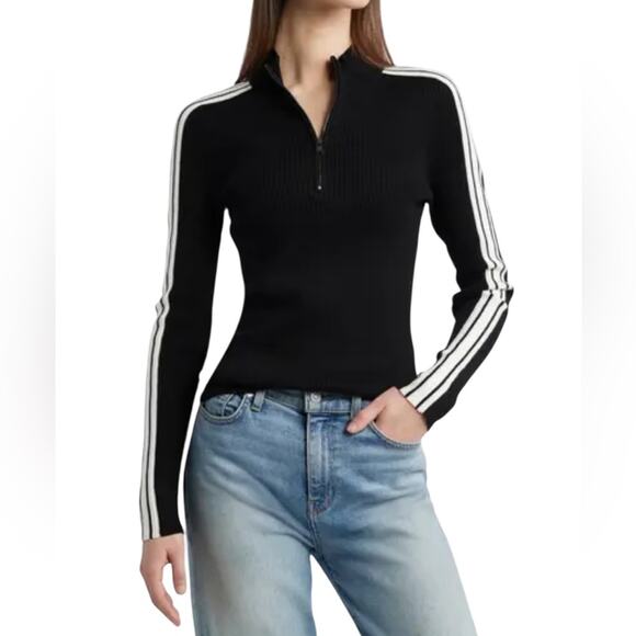 DKNY Ribbed Stripe Quarter Zip Mock Neck Long Sleeve Sweater - Med - Picture 1 of 7